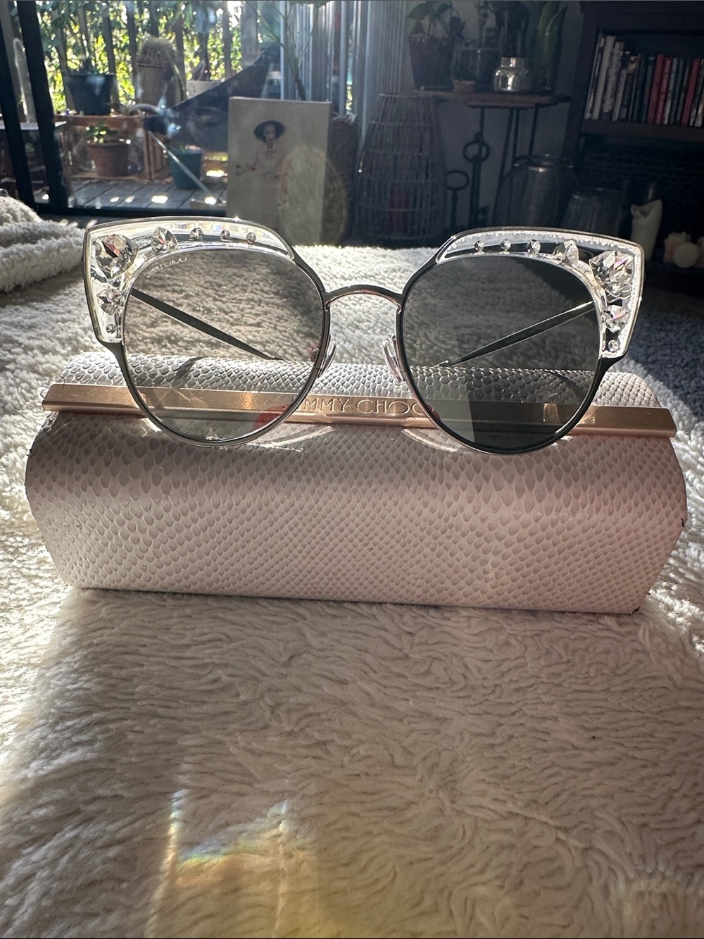 Jimmy Choo Clear Frame Sunglasses with Gray Lenses and Crystal Accents